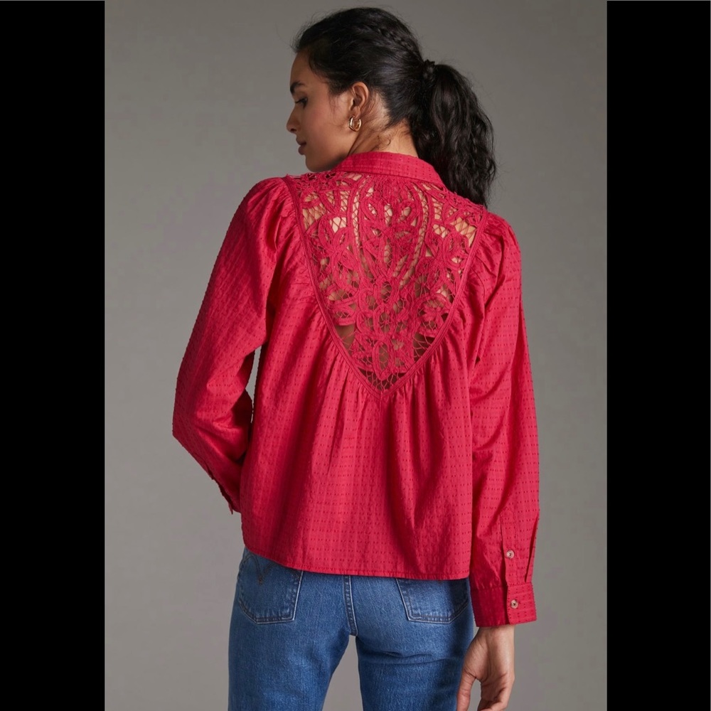 Anthropologie Pilcro Lace Back Button down long sleeve blouse in Pink XS NWT - Picture 3 of 12